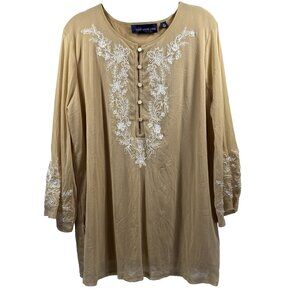 Susan Graver Top Plus XL Tan White Embroidered Bead Mesh Lined Sheer Bell Sleeve
